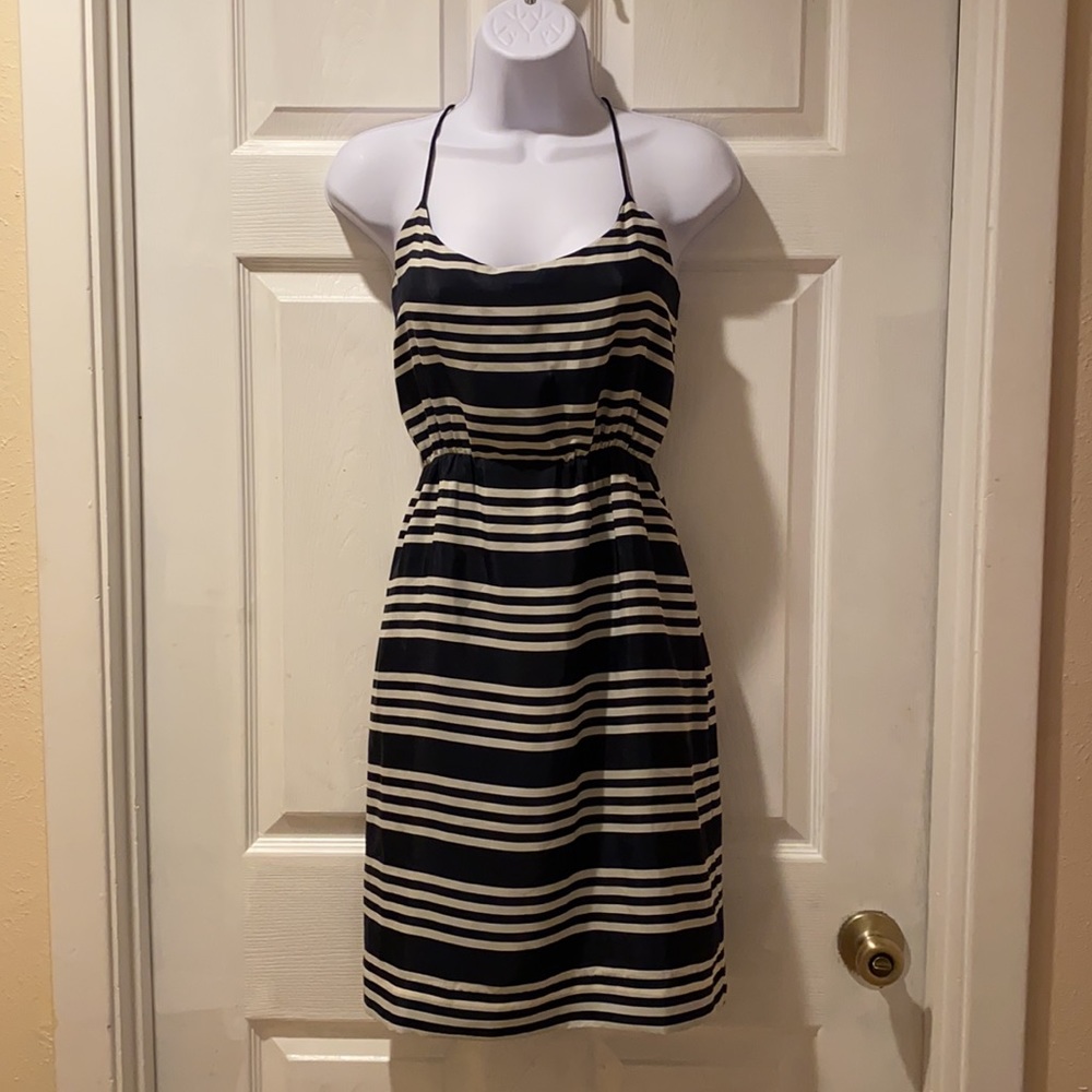 J. Crew Blouson Mini Dress in navy blue and white stripes straps 8 - Picture 2 of 16